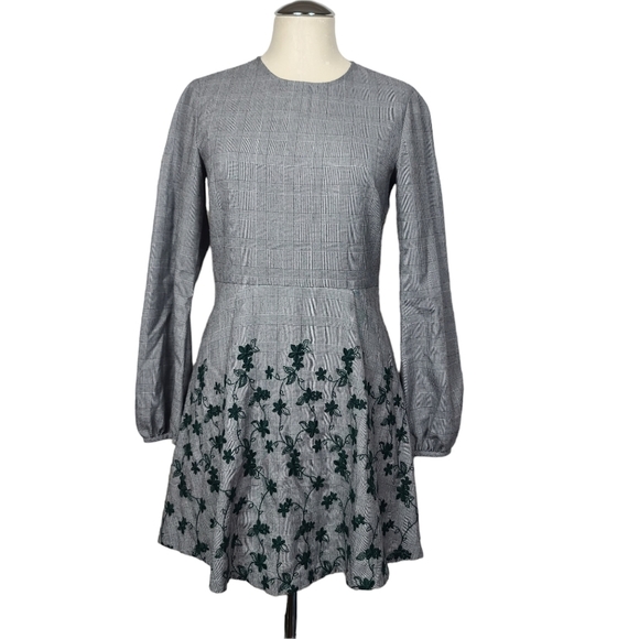 Zara Dresses & Skirts - Zara Gray Plaid Green Floral Embroidered Long Sleeves Crewneck Dress XS